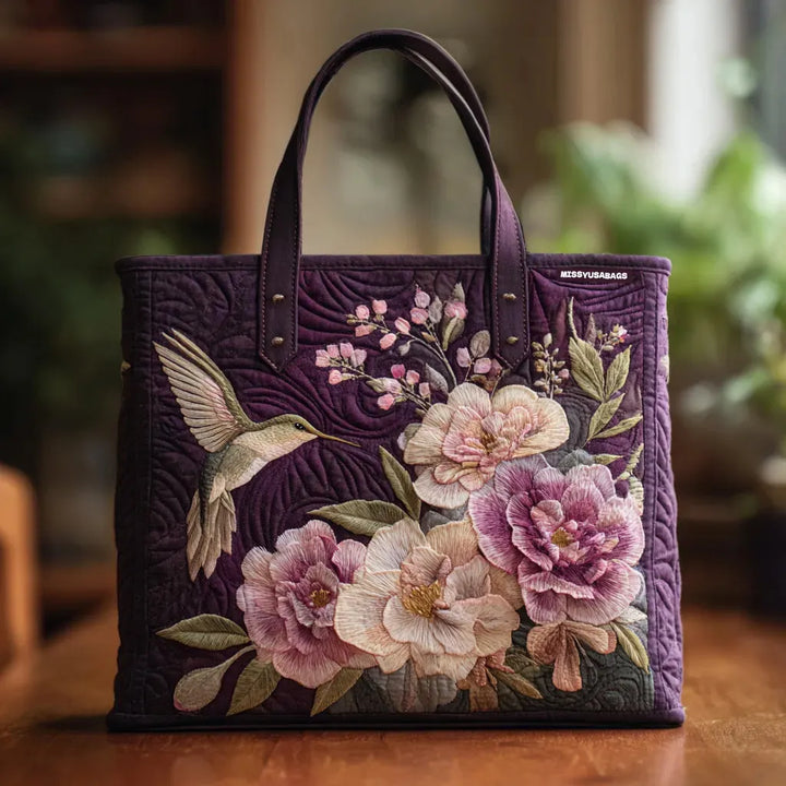 Hummingbird and Orchid Quilted Tote Bag