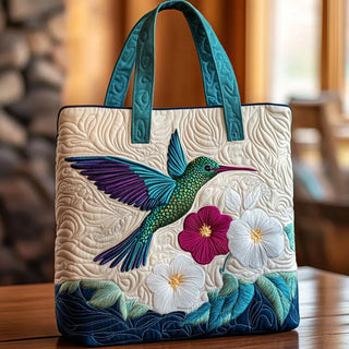 Hummingbird and White Flower Quilted Tote Bag