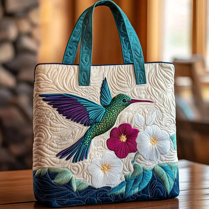 Hummingbird and White Flower Quilted Tote Bag