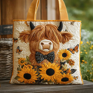 Highland Cow Quilted Bag with Sunflower Design