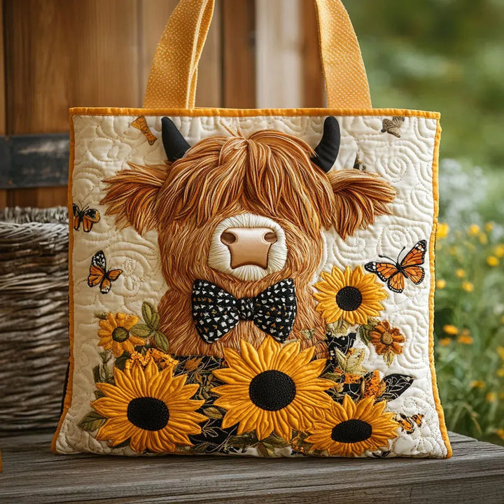 Highland Cow Quilted Bag with Sunflower Design