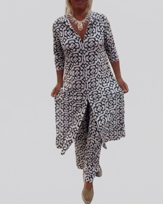 Sara | Bohemian Geometric Print Tunic and Wide-Leg Pants Set