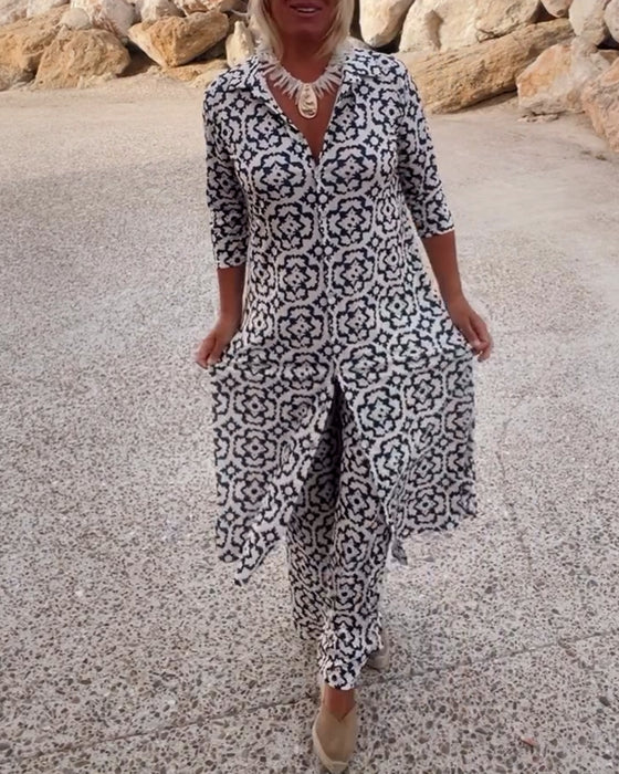 Sara | Bohemian Geometric Print Tunic and Wide-Leg Pants Set