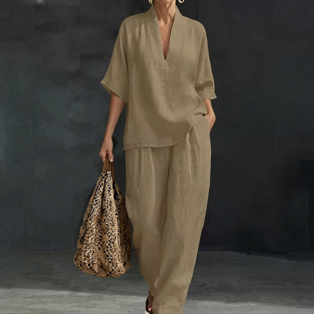 Dolores | Relaxed Henley Top and Wide-Leg Pants Co-Ord Set