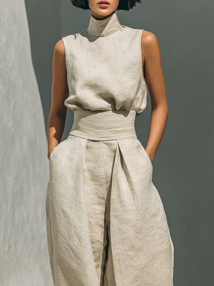 Aurora | Relaxed Beige Sleeveless Wide-Leg Co-Ord Set