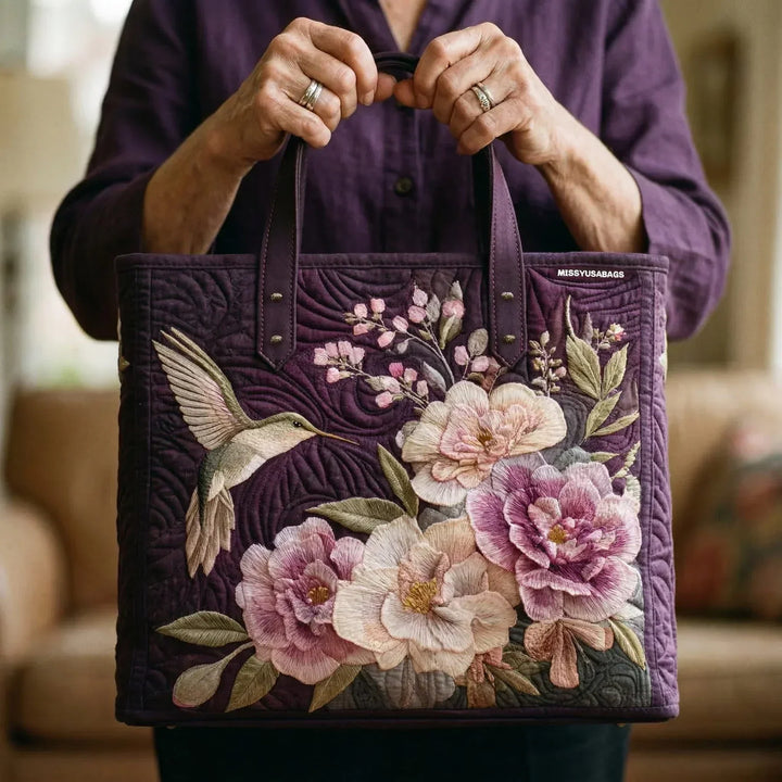 Hummingbird and Orchid Quilted Tote Bag