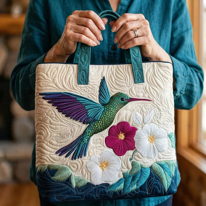 Hummingbird and White Flower Quilted Tote Bag