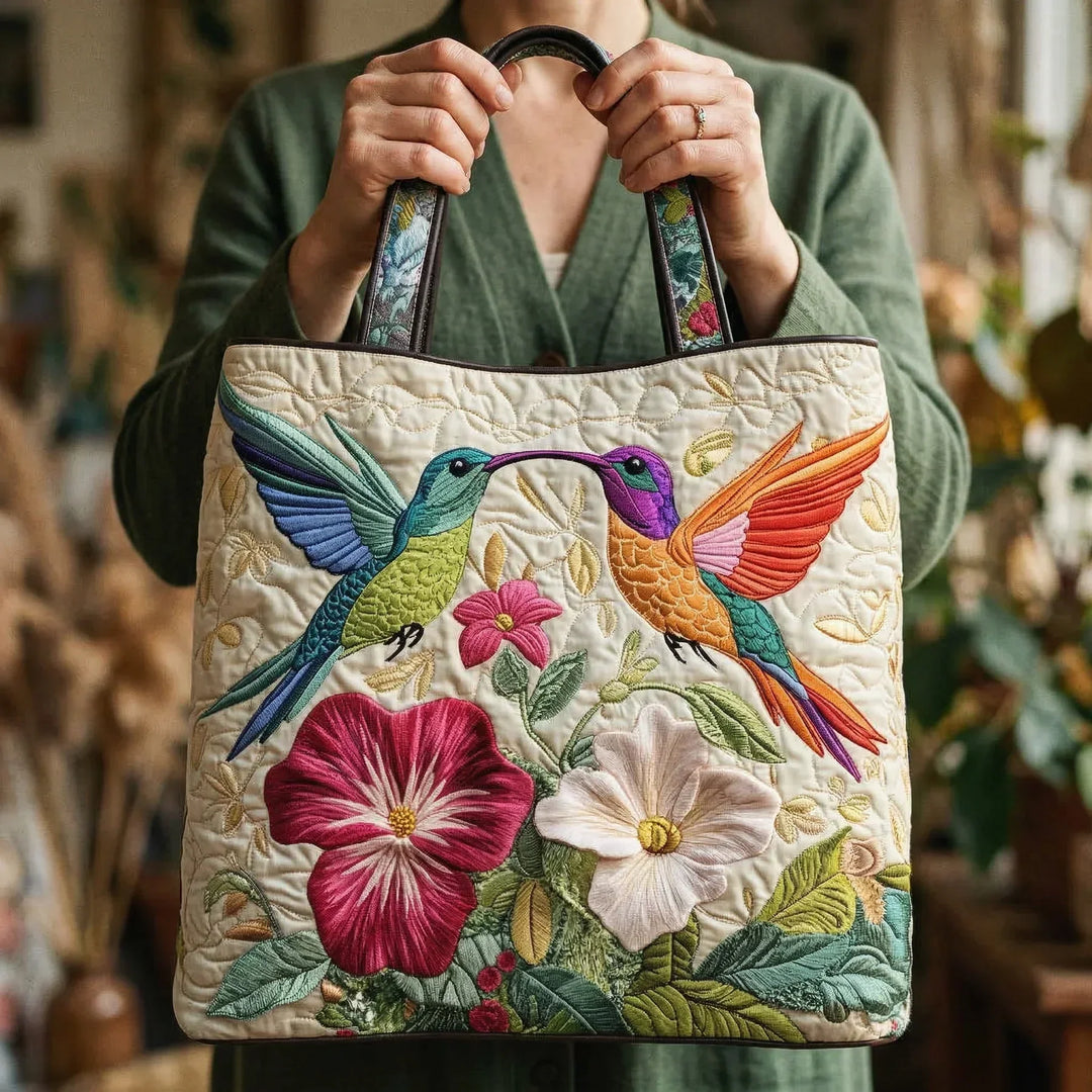 Hummingbird and White Floral Quilted Bag