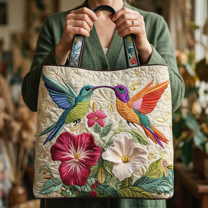 Hummingbird and White Floral Quilted Bag