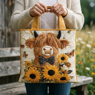 Highland Cow Quilted Bag with Sunflower Design